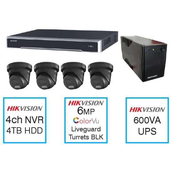 Picture of 4CH CCTV kit + 6MP Colorvu Turrets BLK + UPS